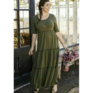 Matilda Jane 3/4 Sleeve Maxi Tier Dress Olive Green Pockets Minimalist Boho